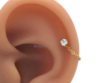 16g 18g Surgical Steel Gem Labret Ear Stud With Chain Helix Cartilage Piercing