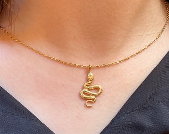 Vintage Gold Snake Pendant Necklace, Stainless Steel Choker