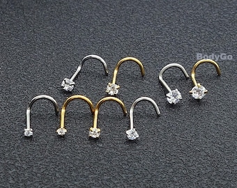 2pcs 20g Surgical Steel Cubic Zirconia Gem Screw Shape Nose Ring Stud Piercing