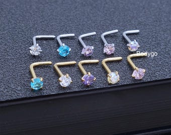 2pcs 20g Surgical Steel Cubic Zirconia Gem L Shape Nose Ring Stud Nostril Piercing