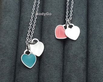 Dainty Stainless Steel Double Heart Enamel Heart Pendant Necklace