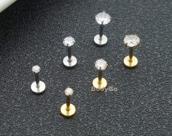 Piercing de acero quirúrgico sin rosca de 16 g, 18 g y 20 g con circonita cúbica (CZ) para tragus, hélix, cartílago y labret.