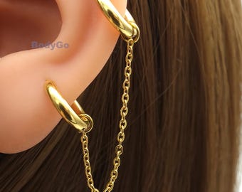 Par de aretes de aro de acero inoxidable con cierre de clic y cadena colgante Huggies