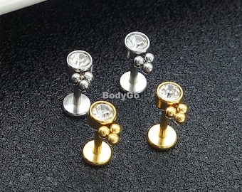 18g 16g Surgical Steel Triple Beads Gem Helix Cartilage Labret Stud Flat Back Piercing
