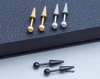 Pair 16g Surgical Steel Spike Cartilage Earrings, Helix Stud, Cartilage Stud, Spike Barbell, Back screw earring