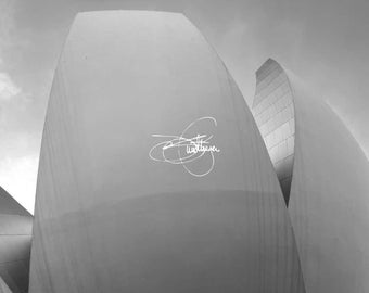 May include: A black and white photo of a modern building with a curved, architectural design.