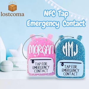 Back to School Custom NFC Emergency Contact Tag – Glitter Backpack ID Keychain for Kids – Tap to Call Safety Name Charm