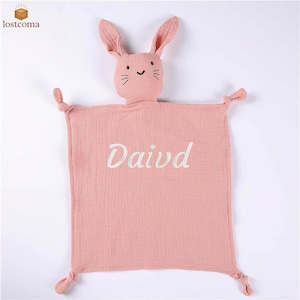 Personalized Bunny Lovey Baby Comfort Toy with Custom Name Embroidery – Soft Muslin Security Blanket Gift for Newborn, Toddler, Shower