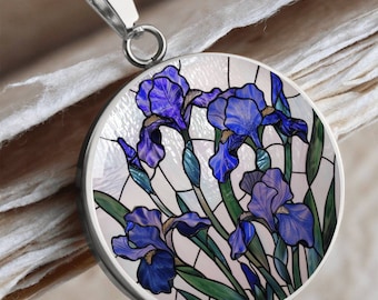 Iris Birth Flower Necklace | Faux Stained Glass Personalized Pendant Necklace