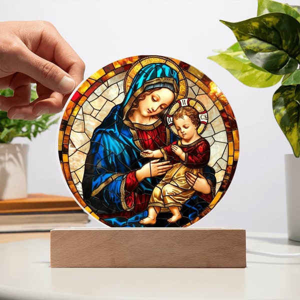 Virgin Mary Faux Stained Glass Acrylic Plaque | Christian Gift | Ofrenda Altar Decoration | Religious Indoor Decor Suncatcher |