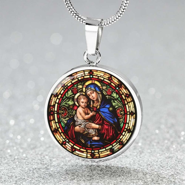 Virgin Mary and Child Faux Stained Glass | Christian Jewelry | Virgin Mary Necklace Stained Glass Look | Catholic Gift | Everyday Jewelry