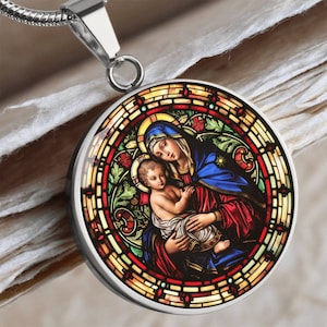 Virgin Mary and Child Faux Stained Glass | Christian Jewelry | Virgin Mary Necklace Stained Glass Look | Catholic Gift | Everyday Jewelry