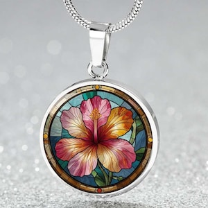 Hibiscus Flower Pendant Necklace: Faux Stained Glass, Boho Summer Jewelry