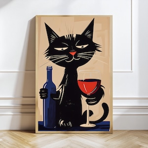 Retro Wine Cat Poster | Bar Cart Decor | Mid Century Wall Art | Kitchen Print | Cat Mom Gift | Trendy Dining Room Decor
