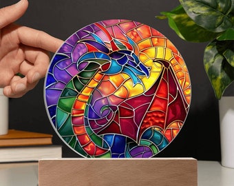 Dragon Stained Glass Look Acrylic Plaque | Housewarming Gift | LED Nightlight Plaque | Dragon Suncatcher |