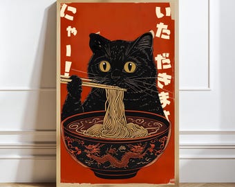 Vintage Black Cat Eating Ramen Poster: Retro Japanese Kitchen Art