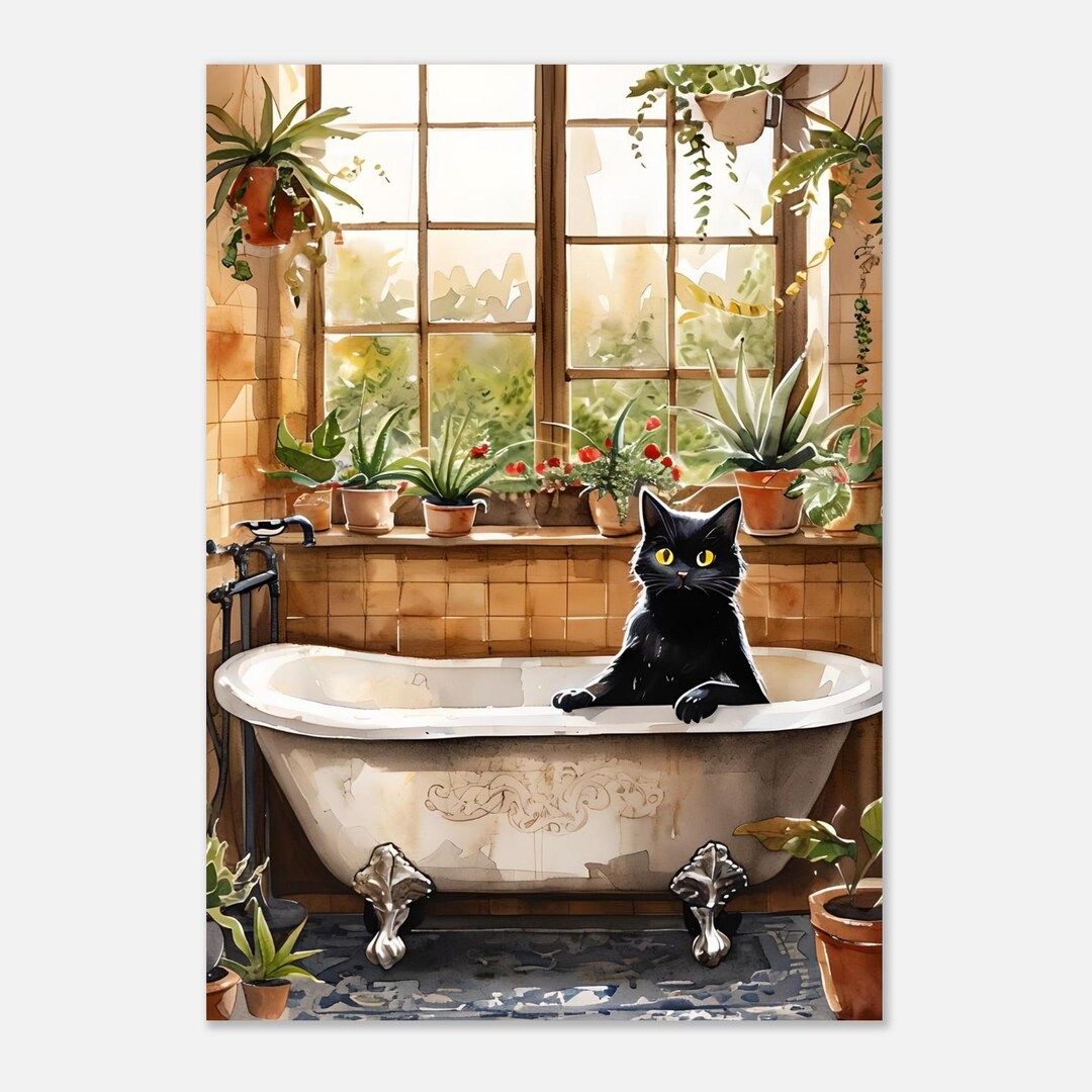 Black Cat in Bathtub Print | Maximalist Bathroom Wall Art | Black Cat ...