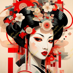 Japonés Art Déco Geisha Matted Print, Geisha Print, Geisha Wall Art, Geisha Roja, Arte Japonés, Geisha Japonesa, Impresión Mate