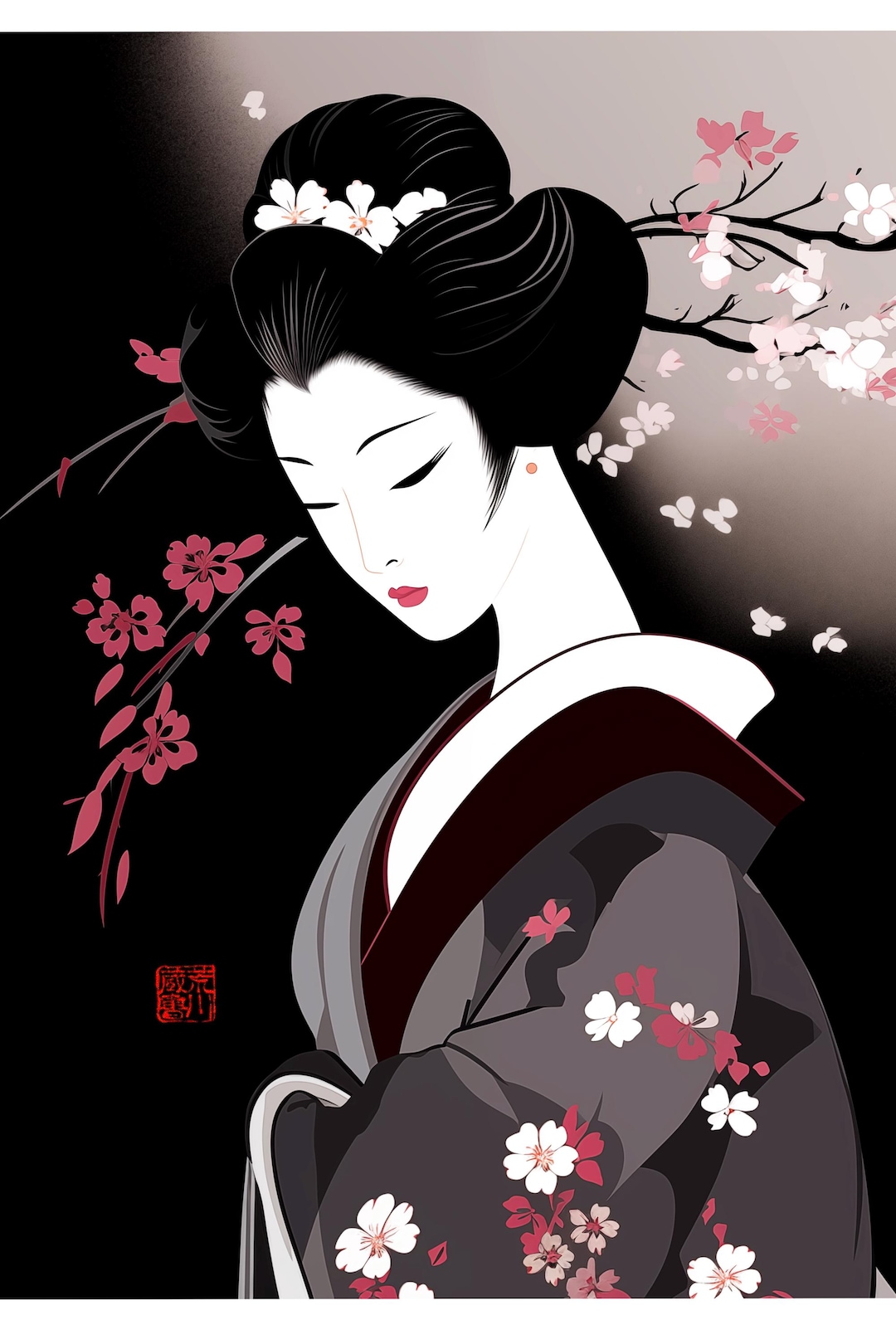 Black and White Geisha,japanese Art Deco Geisha Matted Print, Geisha ...