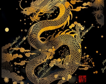 Jahr des Drachen, japanischer Drache mattierter Druck, Drachendruck, Drachenwandkunst, Drache, japanische Kunst, japanischer Drache