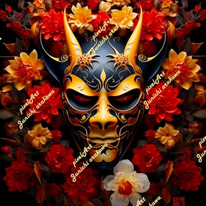 Japanese Art Deco Hannya Mask Matted Print, Hannya Print, Hannya Mask Wall Art, Red Hannya Mask, Japanese Art, Japanese Hannya, Matted Print