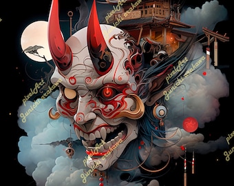 Japanese Hannya Mask Matted Print, Hannya Print, Hannya Mask Wall Art, Red Hannya Mask, Japanese Art, Japanese Hannya, Matted Print