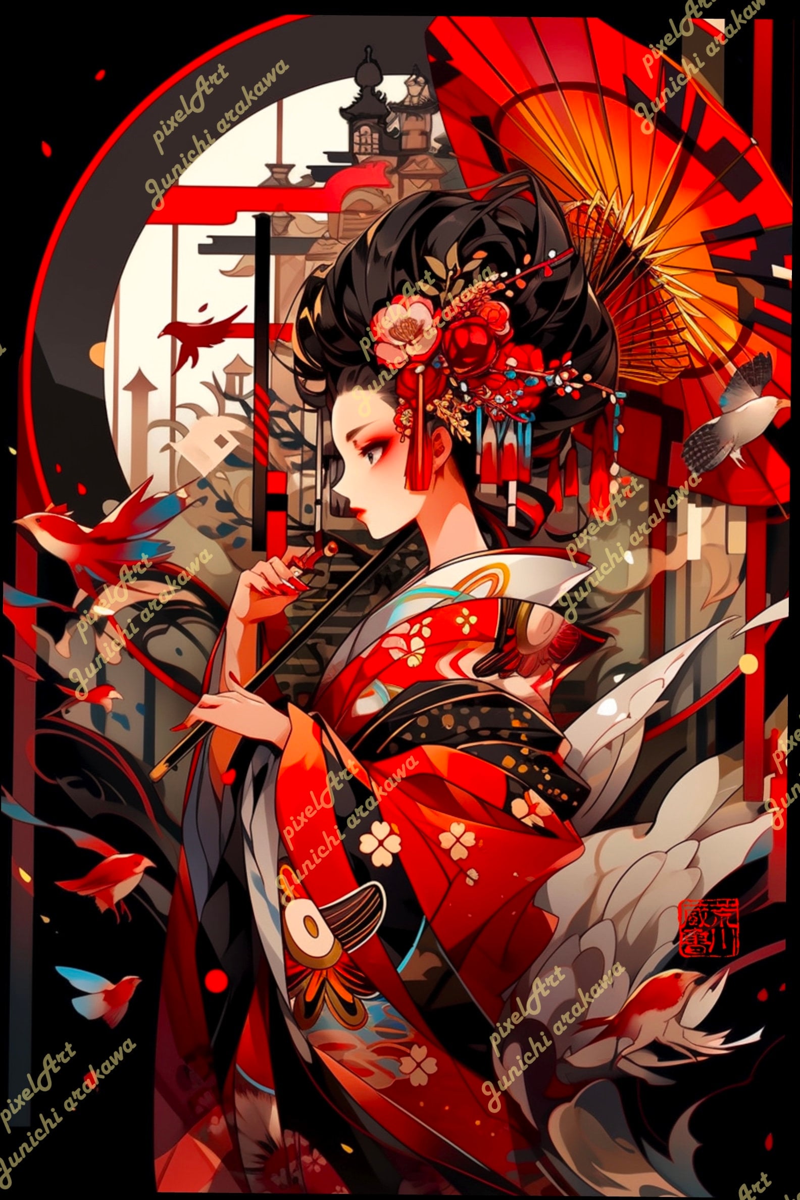 Japanese Geisha Matted Print, Geisha Print , Geisha Wall Art, Red Geisha, Japanese Art, Japanese red Geisha, Matted Print