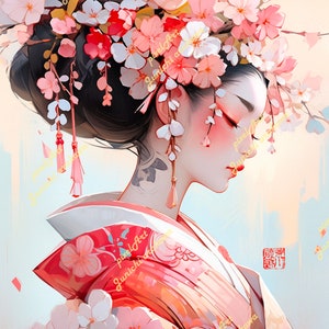 Japonés Art Déco Geisha Matted Print, Geisha Print, Geisha Wall Art, Geisha Roja, Arte Japonés, Geisha Japonesa, Impresión Mate, Flor de Cerezo