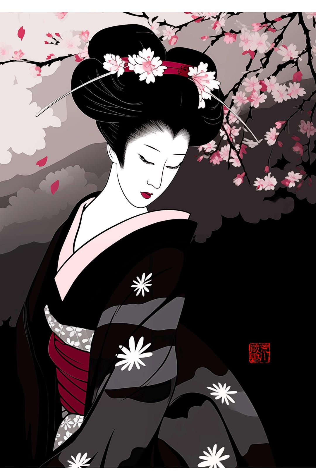 Black and White Geisha,japanese Art Deco Geisha Matted Print, Geisha ...