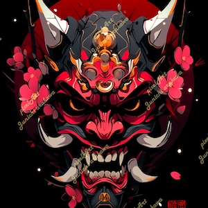 Japanese Art Deco Hannya Mask Matted Print, Hannya Print, Hannya Mask Wall Art, Red Hannya Mask, Japanese Art, Japanese Hannya, Matted Print