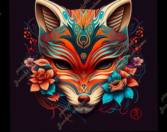 Colorful Kitsune with white mat