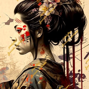 Japonés Art Déco Geisha Matted Print, Geisha Print, Geisha Wall Art, Geisha Roja, Arte Japonés, Geisha Japonesa, Impresión Mate