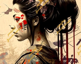 Japanese Art Deco Geisha Matted Print, Geisha Print , Geisha Wall Art, Red Geisha, Japanese Art, Japanese Geisha, Matted Print