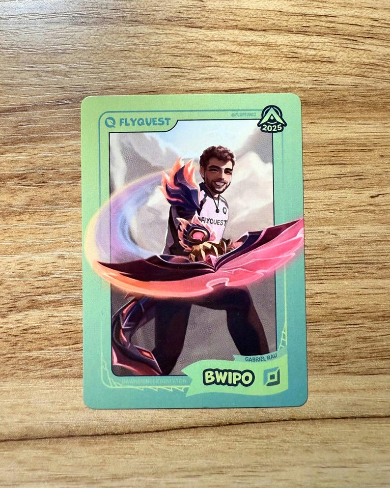 A trading card featuring lolesports LCS and LEC professional player Gabriël Rau, aka Bwipo, in the FlyQuest 2025 pink jersey. He is drawn in an attacking pose as Dawnbringer Renekton with the obsidian chroma, a signature League of Legends champion of his. The card has a green gradient border with the text "BWIPO" and the top lane icon at the bottom right, 'DAWNBRINGER RENEKTON' at the bottom left, the LTA North logo and 2025 in the top right, and the FLYQUEST name and logo at the top left.
