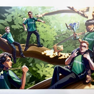 Puede incluir: Ilustración digital de un grupo de personas con camisetas verdes y negras "FLYQUEST", posando en una rama de árbol. Uno sostiene un trofeo, otro señala. Un letrero dice "Cacao". La obra de arte tiene un estilo de pintura digital.