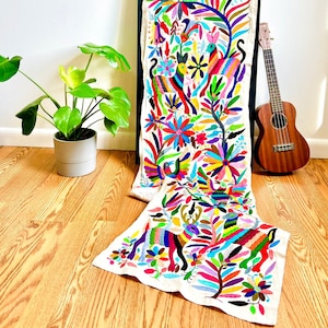 Mexican Otomi Table Runner, Original Tenango Wall Hanging, Indigenous Hand Embroidered Bed Runner