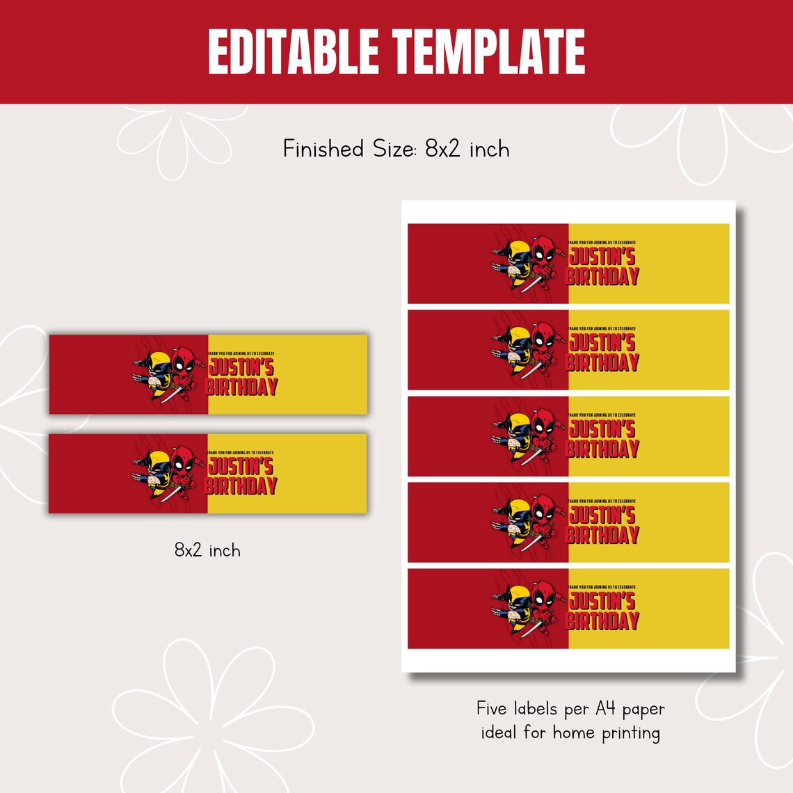 Deadpool & Wolverine Water Bottle Label Template, Printable Deadpool ...