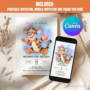 Tigger Birthday Invitation, Printable Birthday Invitation, Editable Mobile Invitation, Thank You Card 010
