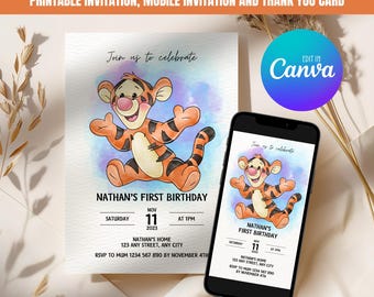 Tigger Birthday Invitation, Printable Birthday Invitation, Editable Mobile Invitation, Thank You Card 010
