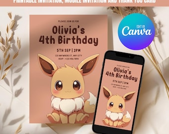 Eevee Birthday Invitation, Printable Birthday Invitation, Editable Mobile Invitation, Thank You Card 030