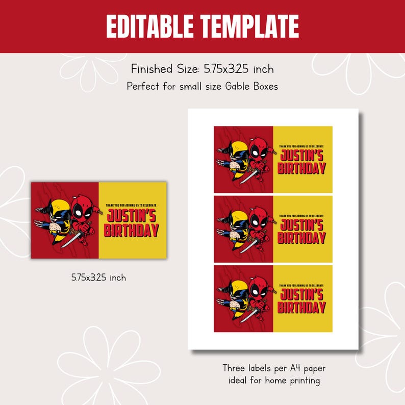 Deadpool & Wolverine Gable Box Label Editable, Deadpool Favour Box ...