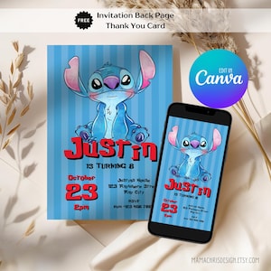 Stitch Birthday Invitation, Printable Birthday Invitation, Editable Mobile Invitation, Thank You Card 011