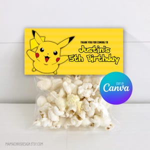 Szablon nakładki na torbę z przysmakami Pikachu, edytowalny projekt torby z przysmakami na urodziny, drukowana etykieta na torbę z przysmakami urodzinowymi 022
