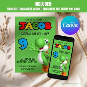 Yoshi Birthday Invitation, Printable Birthday Invitation, Editable Mobile Invitation, Thank You Card 001