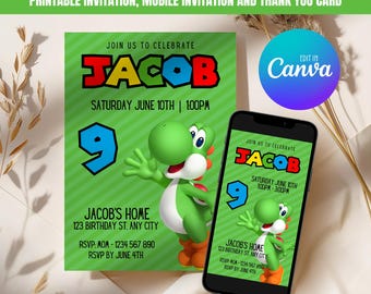 Yoshi Birthday Invitation, Printable Birthday Invitation, Editable Mobile Invitation, Thank You Card 001