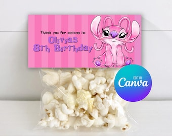 Plantilla de adorno para bolsa de regalo de Lilo y Stitch, diseño editable para bolsa de regalo de cumpleaños, etiqueta imprimible para bolsa de regalo de cumpleaños 040