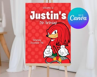 Knuckles Welcome Sign Template, Editable Sonic Birthday Easel Sign, Printable Decor Poster 018