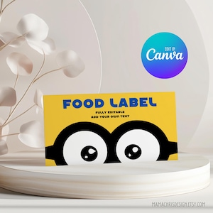 Etiqueta de comida de los Minions, tarjetas de carpa de comida para fiestas de cumpleaños, etiqueta de carpa de comida de los Minions 037