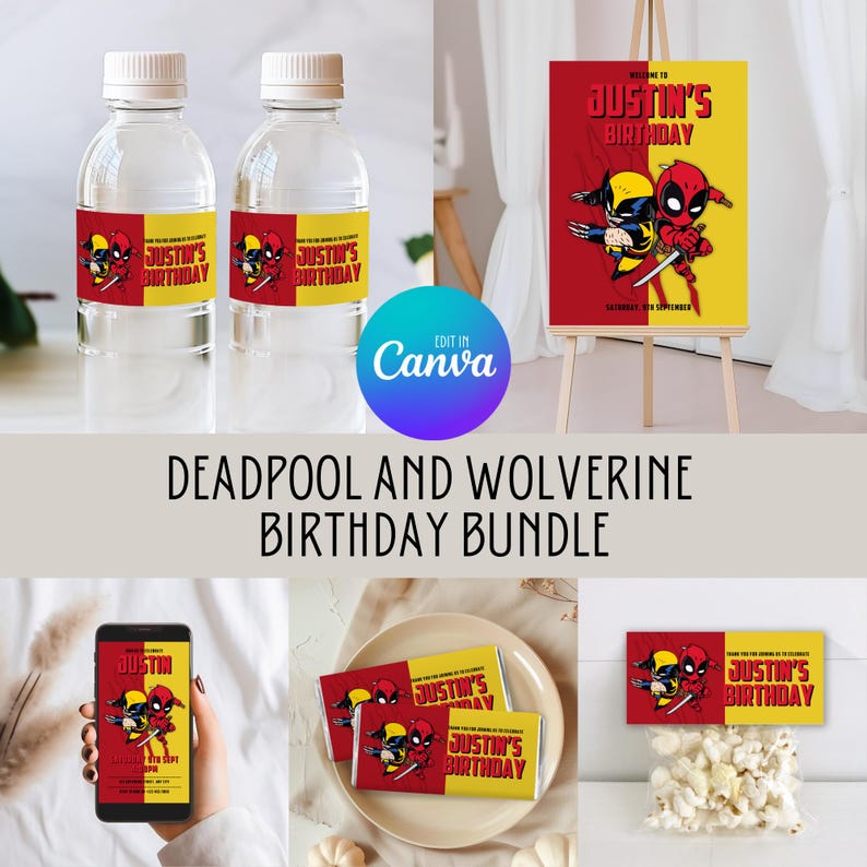 Deadpool & Wolverine Birthday Party Bundle Template, Editable Birthday ...