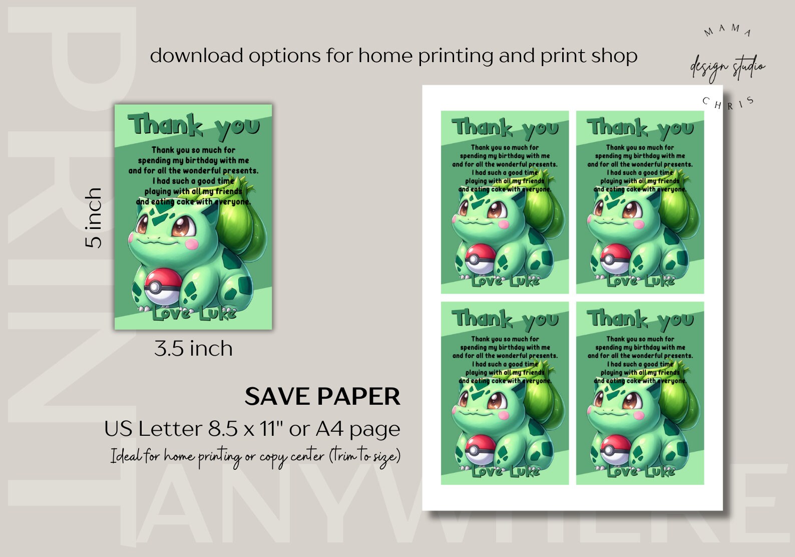 Bulbasaur Birthday Invitation Printable Invitation Thank You Card ...